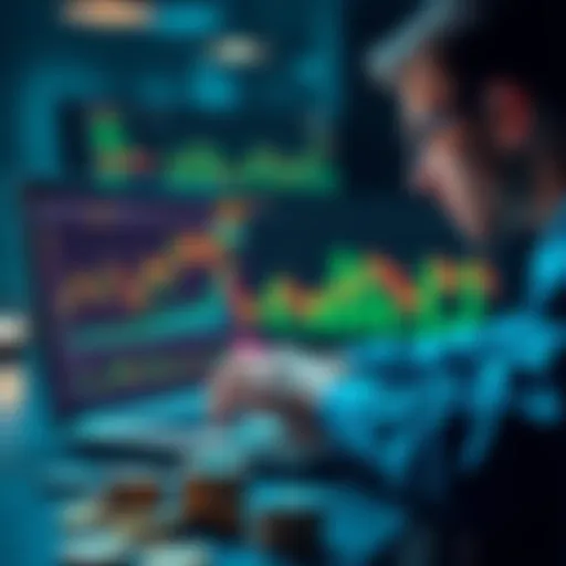 A person analyzing cryptocurrency charts on a laptop with digital coins in the foreground