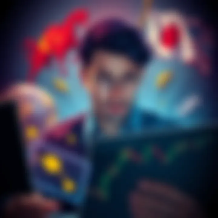 A person analyzing crypto charts with a concerned expression, surrounded by symbols of global power like flags and currency signs.