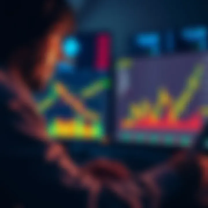 A beginner analyzing cryptocurrency charts and data, focusing on Bitcoin and Ethereum, with a digital fear and greed index displayed on a screen.