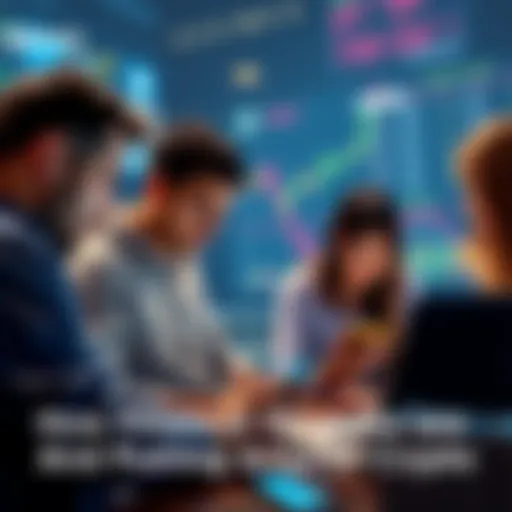 A group of people looking at cryptocurrency charts on laptops and smartphones, discussing investment options