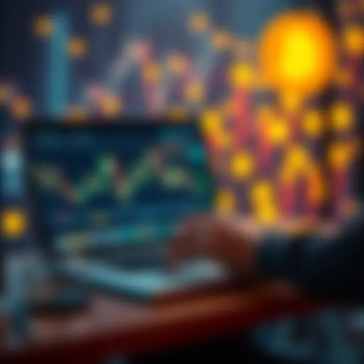 A person analyzing crypto market charts on a laptop with digital currency symbols in the background