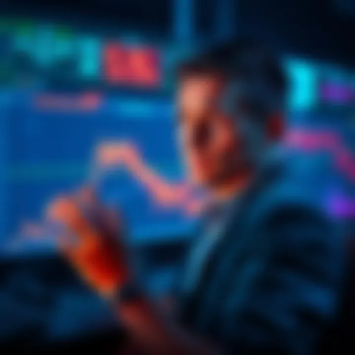 A worried cryptocurrency investor looking at a declining graph on a screen, pondering whether to sell or hold their coins
