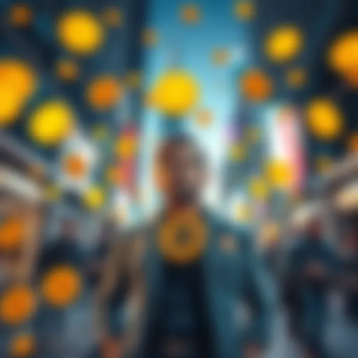 A man named Crypto Joe surrounded by Bitcoin symbols, looking prosperous while others appear distressed in a city street.