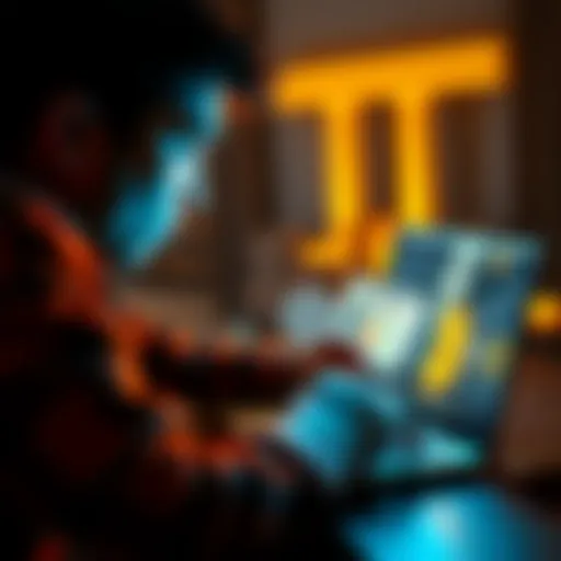 A person looking at a laptop with cryptocurrency symbols and bank notes, representing the shift from traditional bank loans to crypto lending.