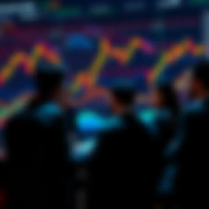 Group of people discussing cryptocurrency price predictions with charts and graphs in the background