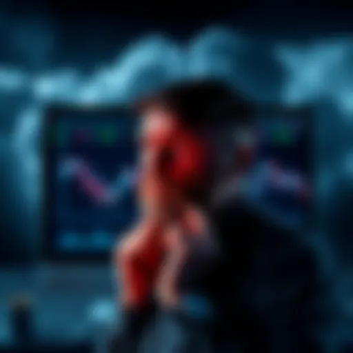 A worried investor looking at a declining crypto graph on a screen with dark clouds in the background, symbolizing fear and uncertainty in the market.