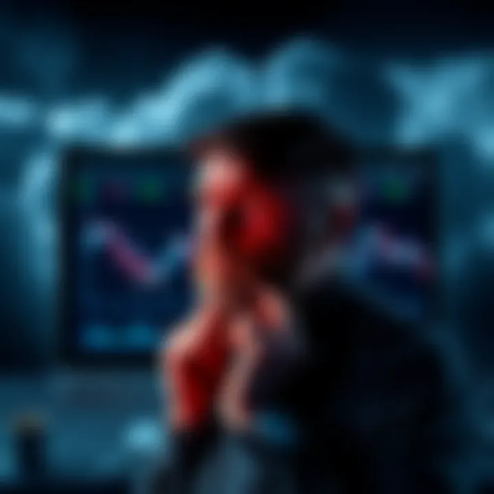 Crypto Market Fear A worried investor looking at a declining crypto graph on a screen with dark clouds in the background, symbolizing fear and uncertainty in the market.