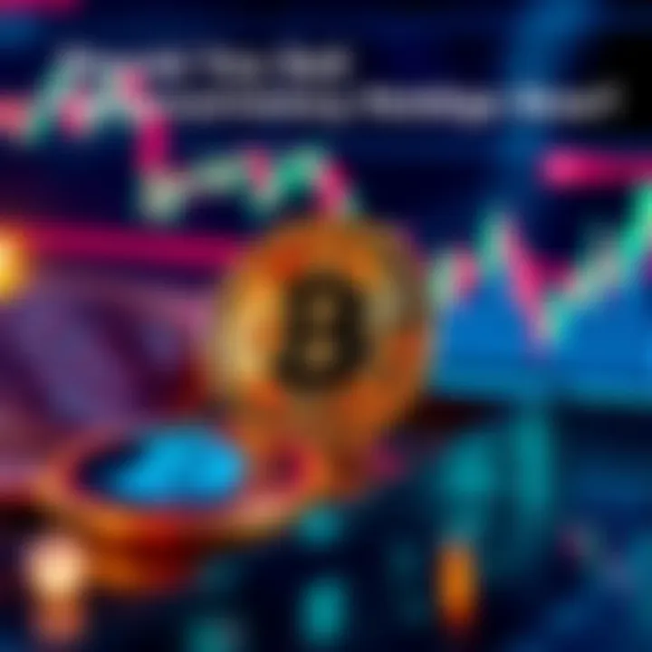 A digital illustration of Bitcoin and altcoins with fluctuating graphs in the background, highlighting the decision to sell or hold during market changes.