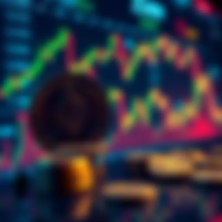 A graph showing Bitcoin and Ethereum price trends with a background of market charts and coins, representing the focus on crypto investments during a downturn.