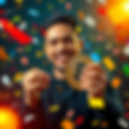A person smiling while holding a Bitcoin symbol with confetti falling around them, celebrating reaching 0.1 BTC.