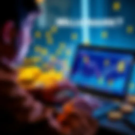 A person looking at a laptop displaying cryptocurrency charts with dollar signs around them, symbolizing wealth in the crypto market.