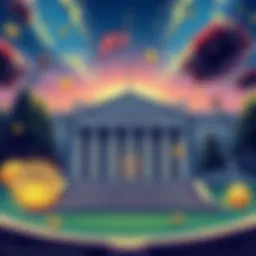 Illustration of a U.S. Treasury building with symbols of cryptocurrency like coins and mixers, showing a balance of legitimacy and crime.