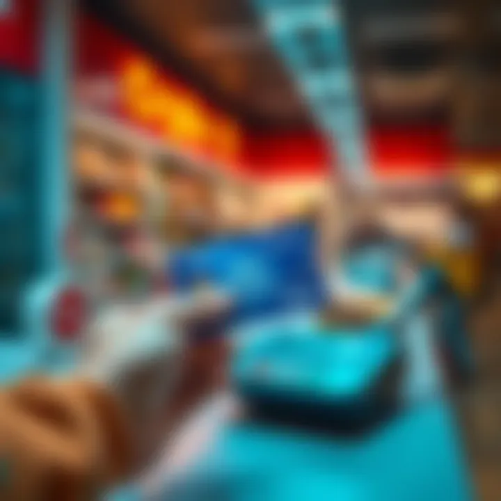 A person holding a crypto payment card at a checkout counter with a digital payment terminal in view