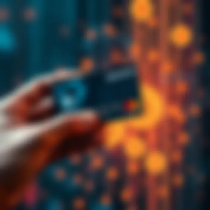 A person holding a crypto payment card with digital coins in the background, illustrating the concept of using crypto for everyday purchases.