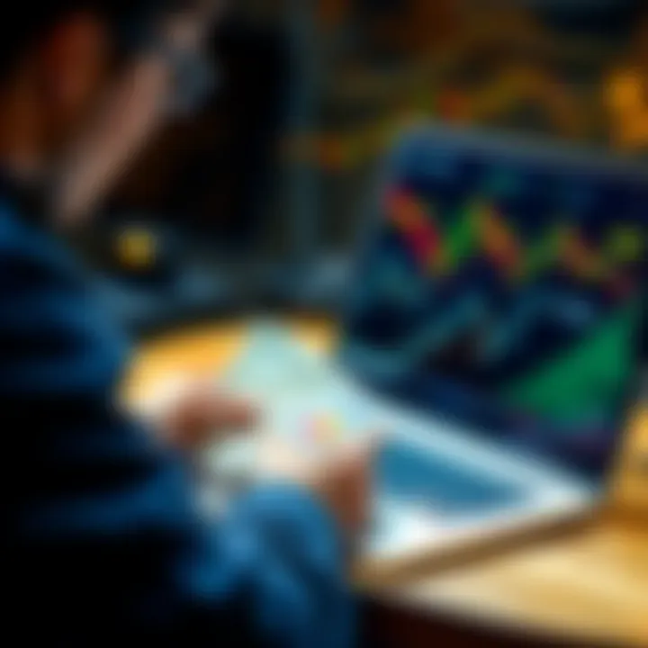 A person looking at a laptop with cryptocurrency charts while holding cash and a credit card, representing the difficulties in real-world payments using crypto.