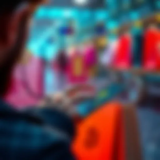 A person making a payment with a cryptocurrency app on their smartphone, surrounded by crypto coins and shopping bags