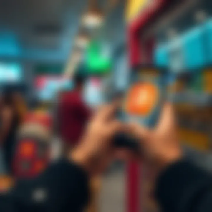 A person using a smartphone to make a payment with cryptocurrency at a store, with Bitcoin and Ethereum logos visible on the screen.