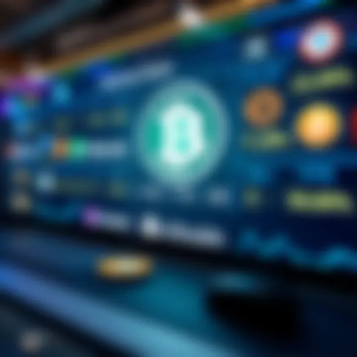 Various cryptocurrency logos and interest rates displayed on a digital screen