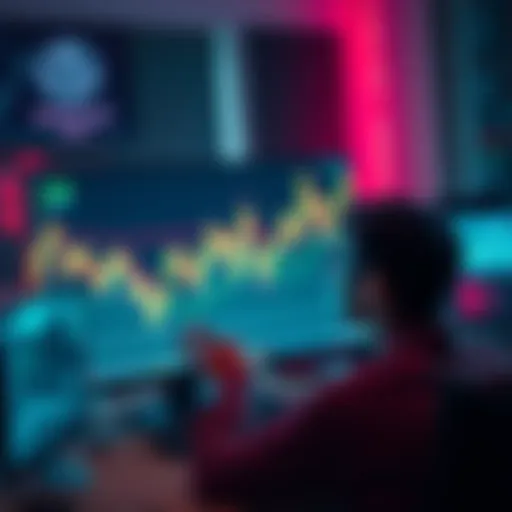 A person looking worried at a computer screen displaying a falling cryptocurrency chart