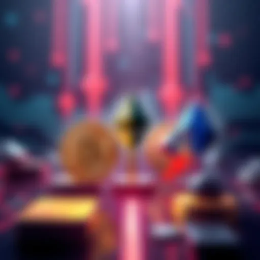 Illustration showing Bitcoin, Ethereum, and Cardano symbols with arrows indicating price changes due to new regulations