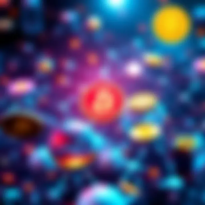 Graphic showing various crypto coins and validator nodes connected in a network