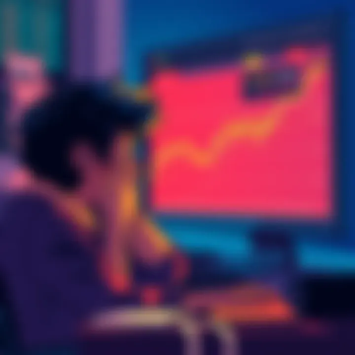 Illustration showing a person looking disappointed at a computer screen displaying cryptocurrency prices, symbolizing regret in crypto trading.