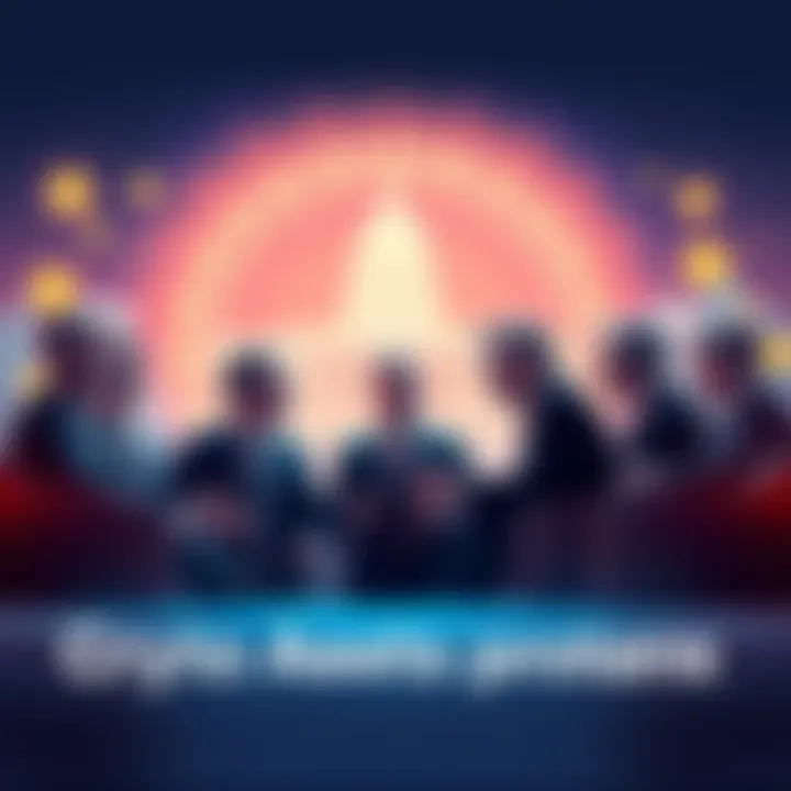 A group of lawmakers discussing the CLARITY Act with crypto symbols in the background, representing the urgency of regulation.