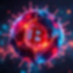 A digital representation of cryptocurrency symbols with a cracked globe in the background, illustrating the impact of geopolitical tensions on financial systems.