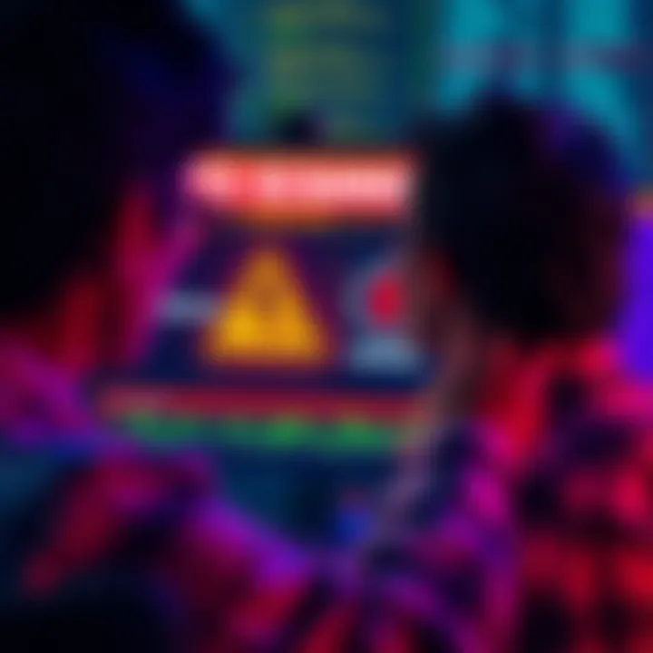A worried person looking at a computer screen displaying warning signs of a crypto scam, with logos of Finadvance and Finxcell visible.