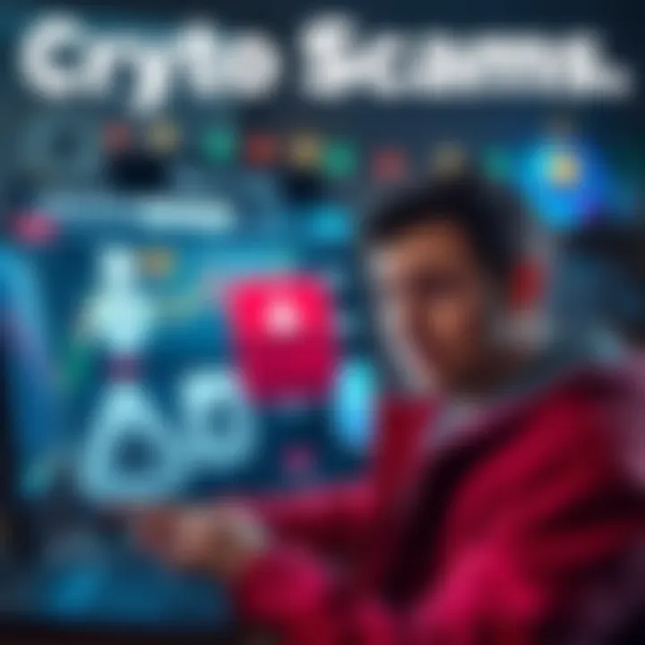 A person looking worried while browsing online shopping sites during Black Friday, with warning signs about crypto scams on the screen.