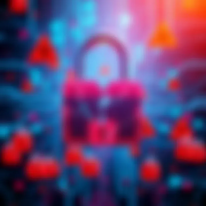 A graphic showing a digital lock being broken, symbolizing crypto hacks and security issues, with dollar signs and warning symbols around.