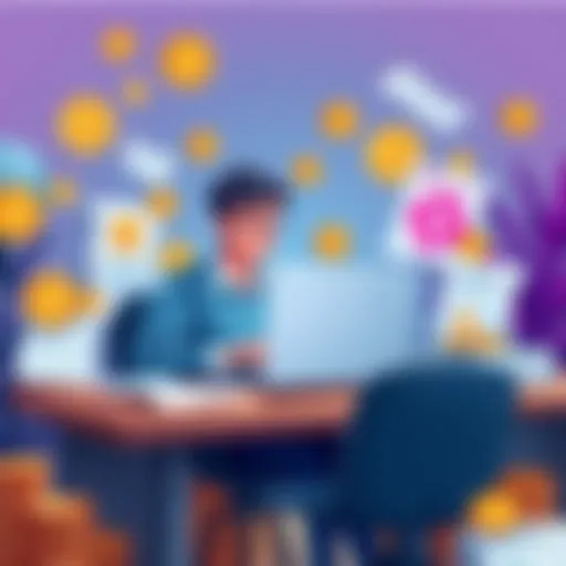 A person sitting at a desk with a laptop, surrounded by cryptocurrency coins and tax forms, looking thoughtful about filing taxes.