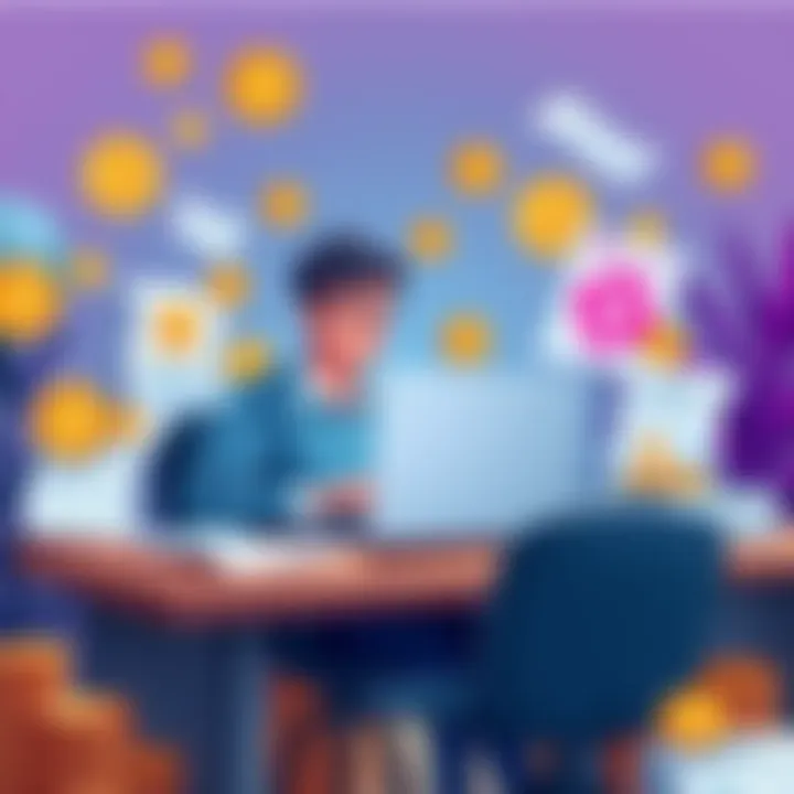 A person sitting at a desk with a laptop, surrounded by cryptocurrency coins and tax forms, looking thoughtful about filing taxes.