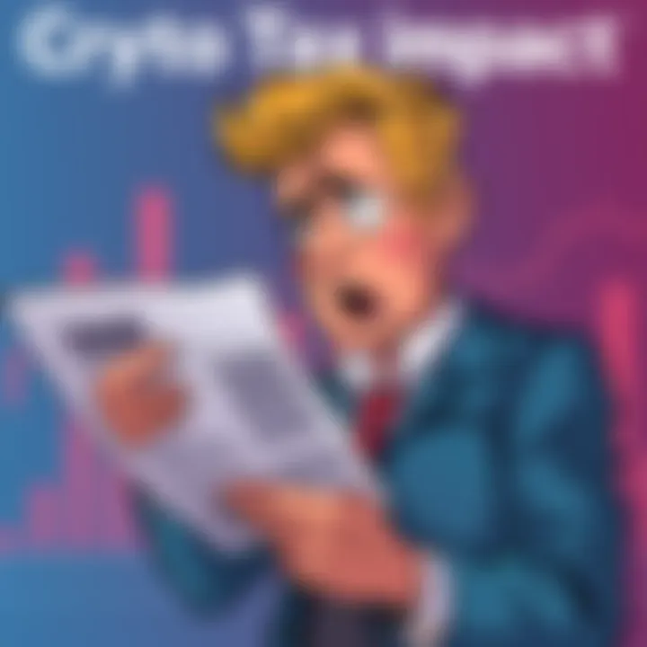 An illustration showing a worried investor looking at a Bitcoin chart with tax documents in hand, symbolizing concerns about unrealized gains taxes on cryptocurrency.