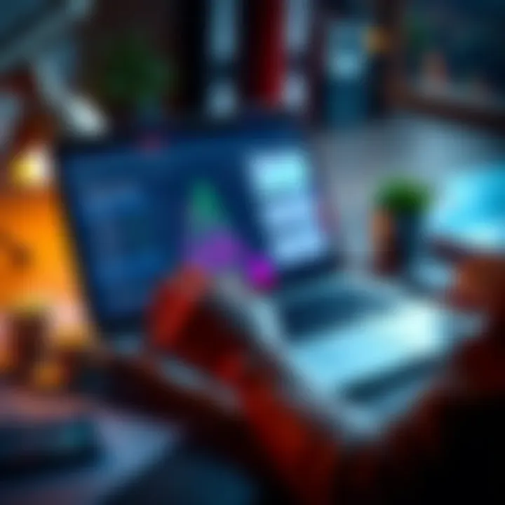 A person analyzing different crypto tax reporting software options on a laptop with financial documents and coins around them.