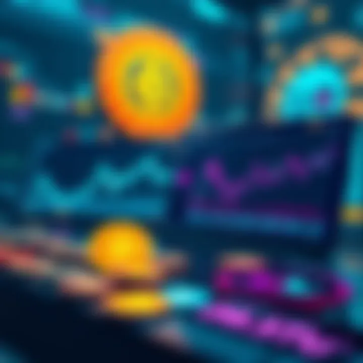 A graphic showing various cryptocurrency tracking platforms with charts and digital coins