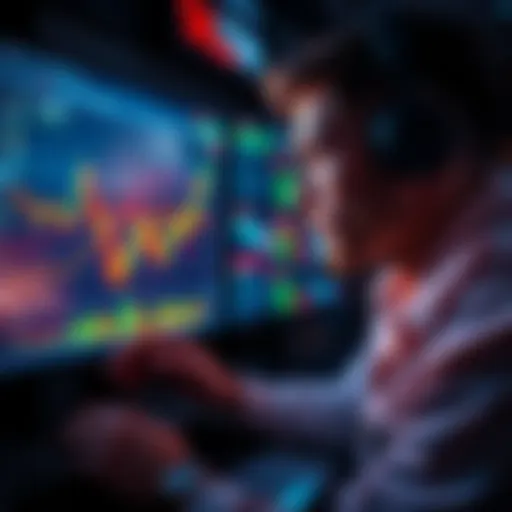 A focused trader examines charts and graphs on a computer screen, looking for short-term trading opportunities in cryptocurrency markets.