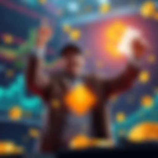 A visual representation of a crypto trader celebrating a successful investment in BONK votes, surrounded by digital currency symbols and profit graphs.