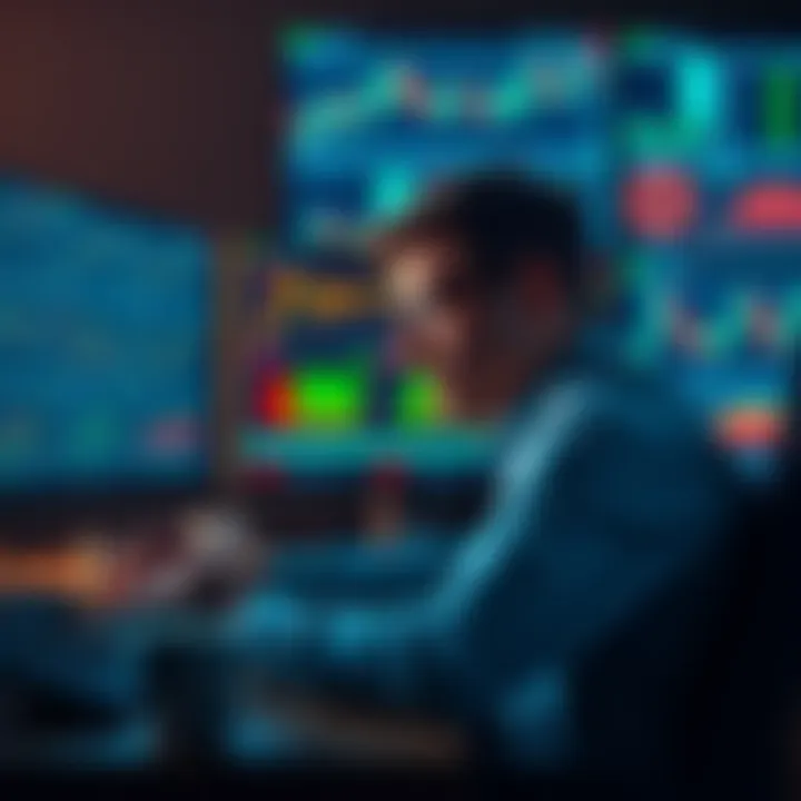 A stressed trader sitting in front of multiple screens displaying cryptocurrency charts, looking tired and frustrated, while a coffee cup sits beside them.
