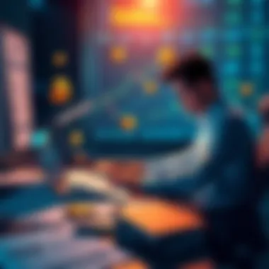 A person sitting at a desk with a laptop, surrounded by tax forms and cryptocurrency symbols, looking stressed about tax reporting.