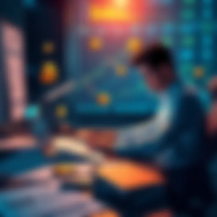 A person sitting at a desk with a laptop, surrounded by tax forms and cryptocurrency symbols, looking stressed about tax reporting.