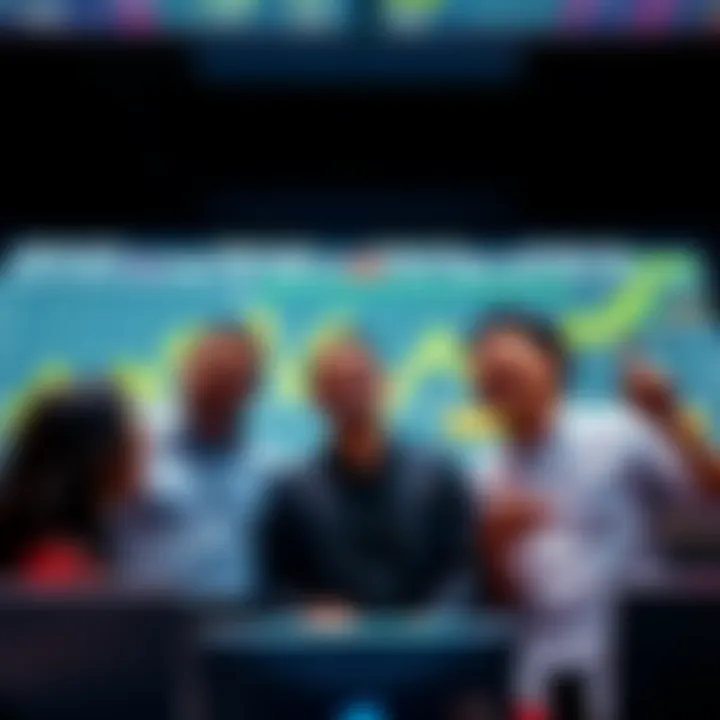 A group of crypto traders sharing a laugh in front of a chart showing sideways market trends, symbolizing their humor in tough times.