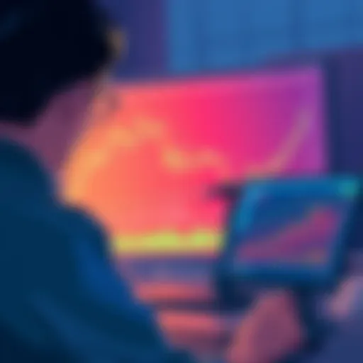 An illustration showing a person learning about crypto trading with charts and graphics on a computer screen.