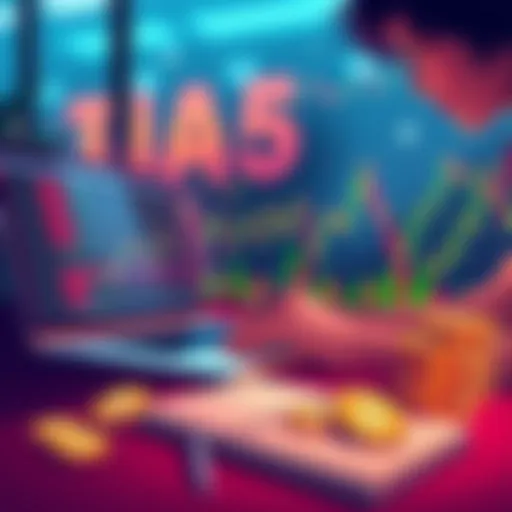 An illustration showing a beginner looking at crypto charts on a laptop, with coins and a notebook nearby for notes.