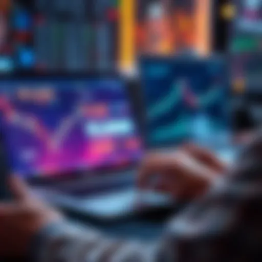 A person analyzing cryptocurrency charts and graphs on a laptop with a $5,000 budget displayed on the screen