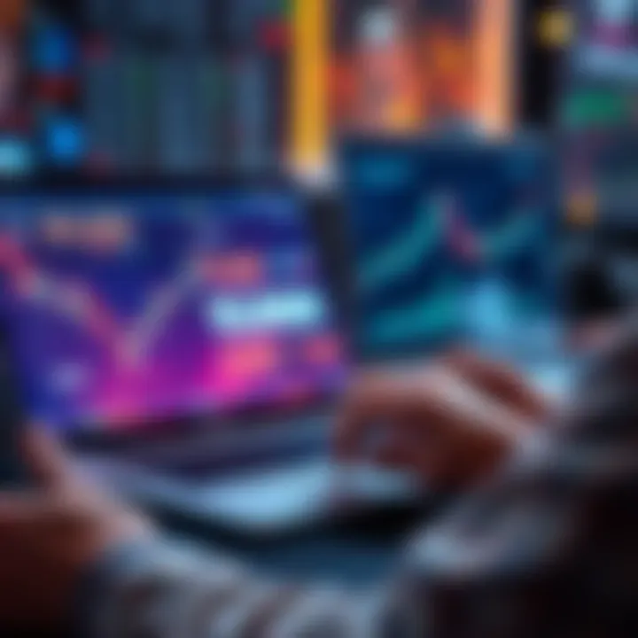 A person analyzing cryptocurrency charts and graphs on a laptop with a $5,000 budget displayed on the screen