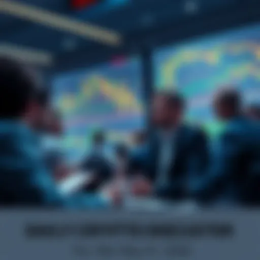People discussing cryptocurrency trading insights at a forum with graphs and charts in the background.