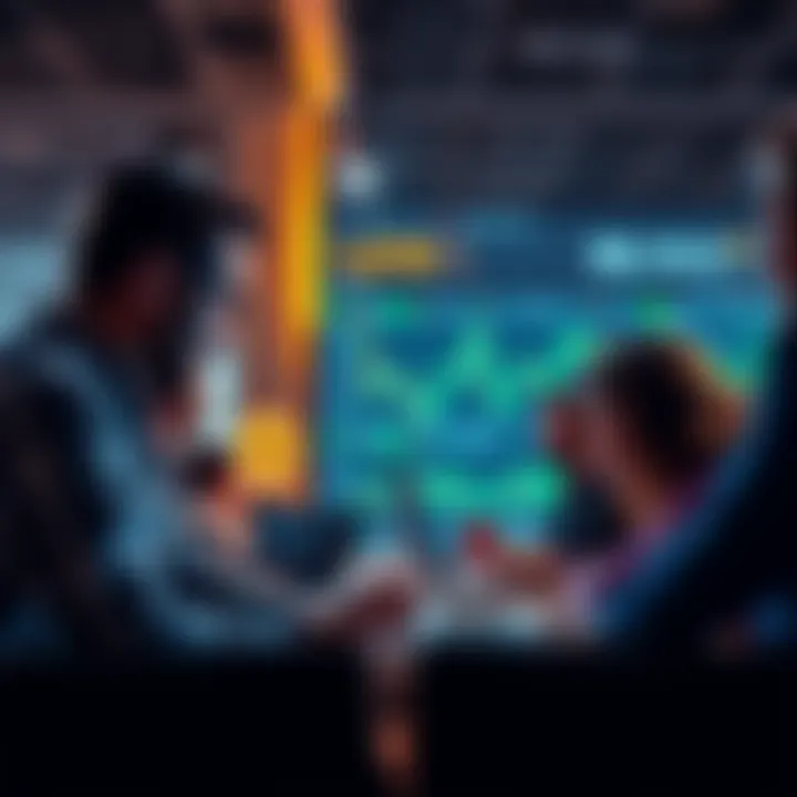 Crypto Trading Discussion A group of people engaging in a conversation about cryptocurrency trading tips, with charts and digital coins visible on their laptops.