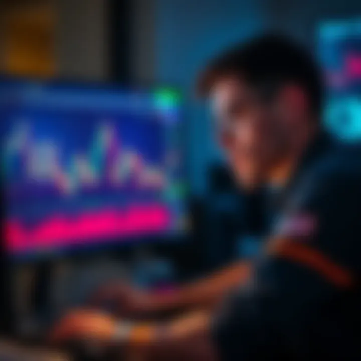 A trader analyzing crypto charts on a computer screen, showing emotion and focus during intense market movements