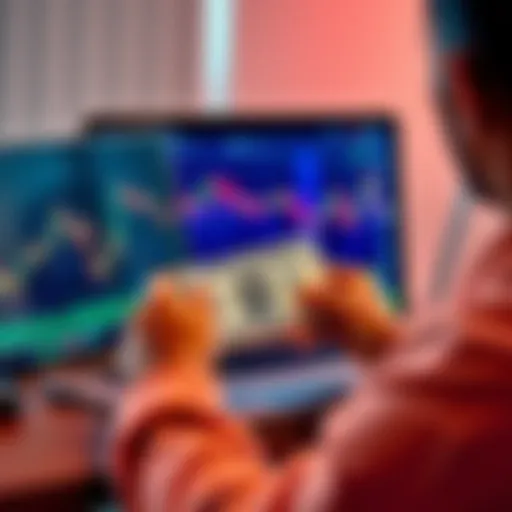 A person analyzing cryptocurrency charts on a laptop while holding a $50 bill, symbolizing beginner trading strategies